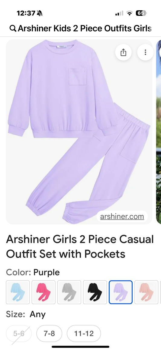 Arshiner Kids 2 Piece Outfits Girls Drop Shoulder Long Sleeve Fashion Purple Sweatshirts and Jogger Sweatpants with Pockets (Size 5-6)