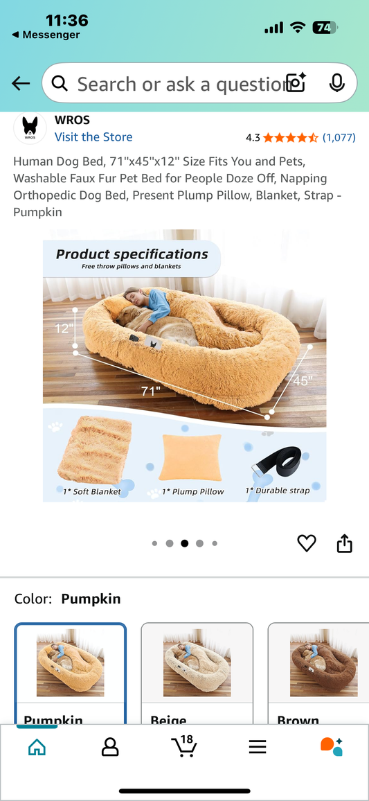 Human Dog Bed, 71"x45"x12" Fits You and Pets, Washable Faux Fur Pet Bed for People and Pets, Napping Orthopedic Dog Bed, Pumpkin (R608)