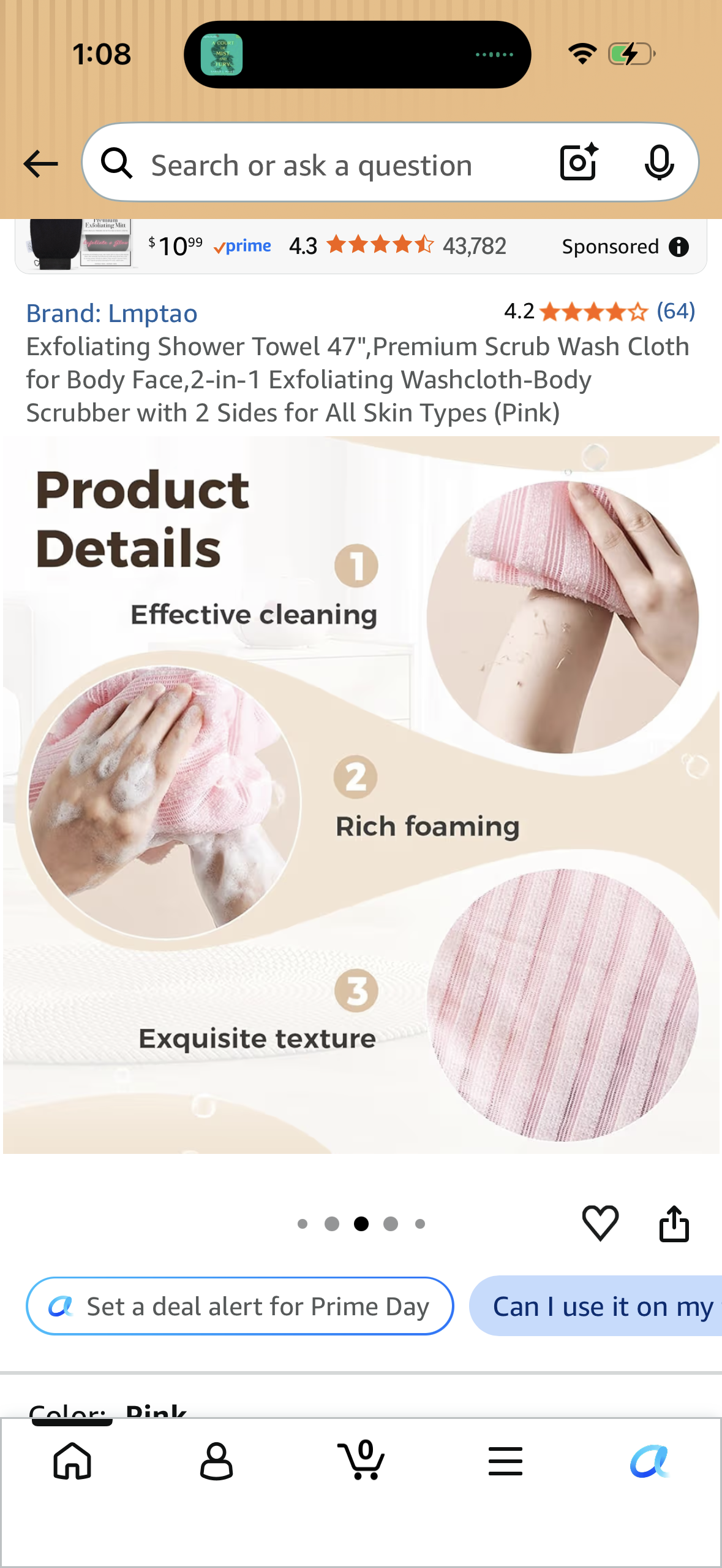 Exfoliating Shower Towel 47",Premium Scrub Wash Cloth for Body Face,2-in-1 Exfoliating Washcloth-Body Scrubber with 2 Sides for All Skin Types (Pink)