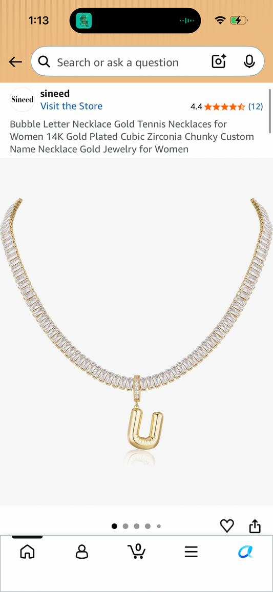 Bubble Letter Necklace Gold Tennis Necklaces for Women 14K Gold Plated Cubic Zirconia Chunky Custom Name Necklace Gold Jewelry for Women, Initial U