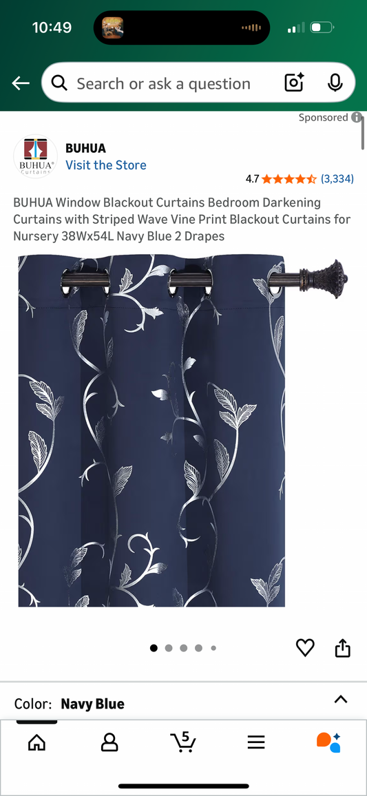 BUHUA Window Blackout Curtains Bedroom Darkening Curtains with Striped Wave Vine Print Blackout Curtains for Nursery 38Wx54L Navy Blue 2 Drapes