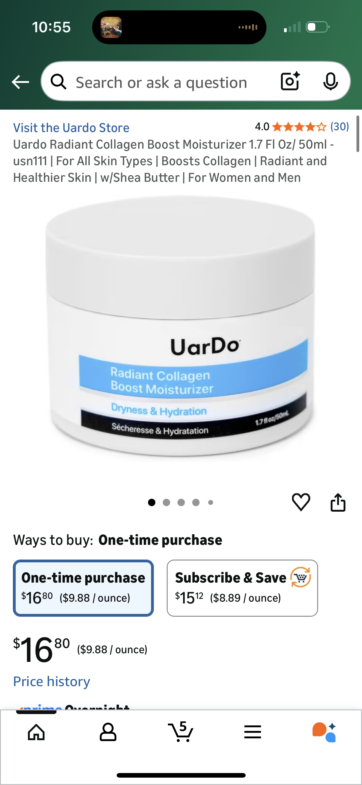 Uardo Radiant Collagen Boost Moisturizer 1.7 Fl Oz/ 50ml - usn111 | For All Skin Types | Boosts Collagen | Radiant and Healthier Skin | w/Shea Butter | For Women and Men