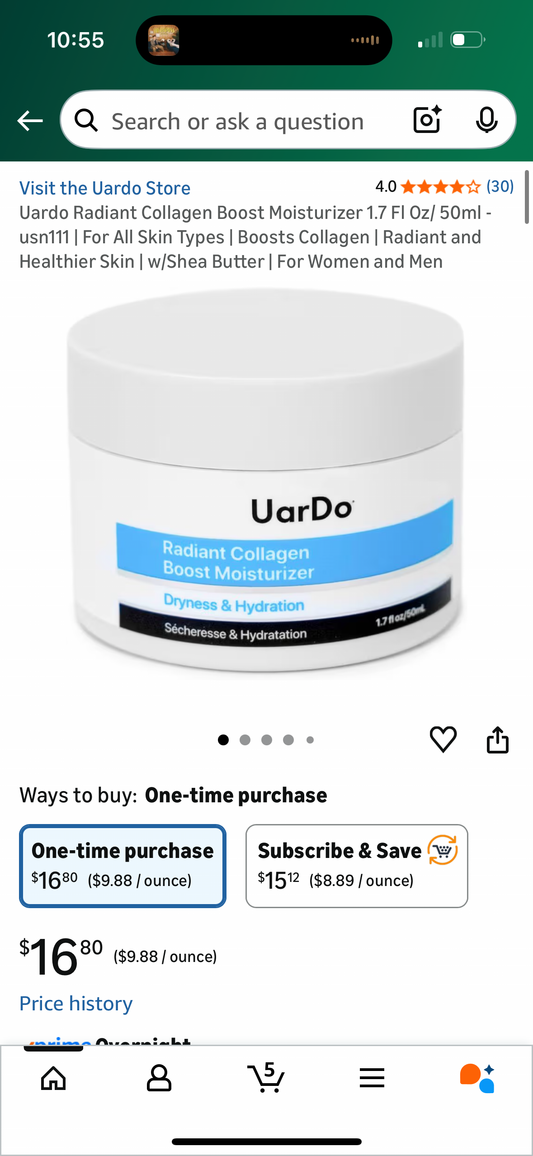 Uardo Radiant Collagen Boost Moisturizer 1.7 Fl Oz/ 50ml - usn111 | For All Skin Types | Boosts Collagen | Radiant and Healthier Skin | w/Shea Butter | For Women and Men