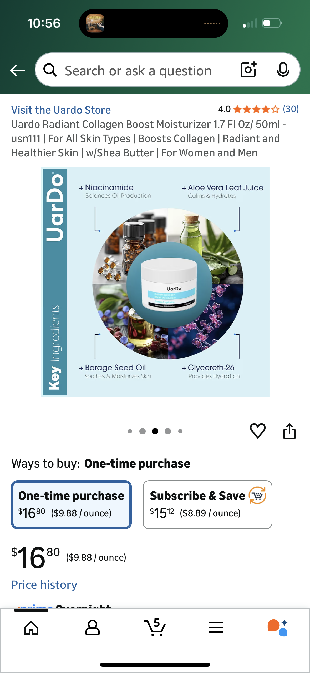 Uardo Radiant Collagen Boost Moisturizer 1.7 Fl Oz/ 50ml - usn111 | For All Skin Types | Boosts Collagen | Radiant and Healthier Skin | w/Shea Butter | For Women and Men