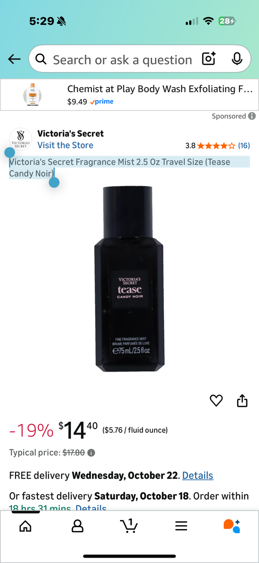 Victoria's Secret Fragrance Mist 2.5 Oz Travel Size (Tease Candy Noir