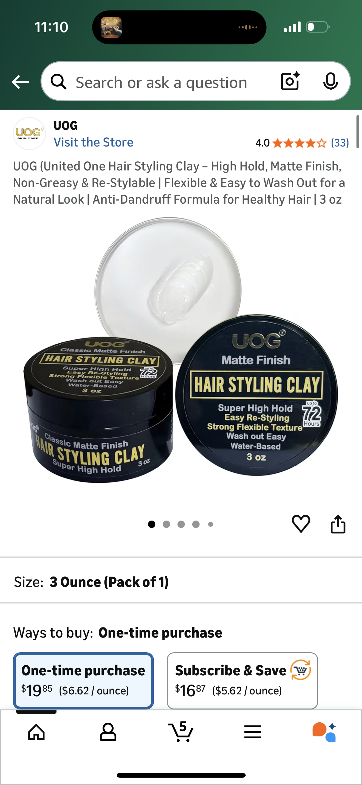 UOG (United One Hair Styling Clay – High Hold, Matte Finish, Non-Greasy & Re-Stylable | Flexible & Easy to Wash Out for a Natural Look | Anti-Dandruff Formula for Healthy Hair | 3 oz