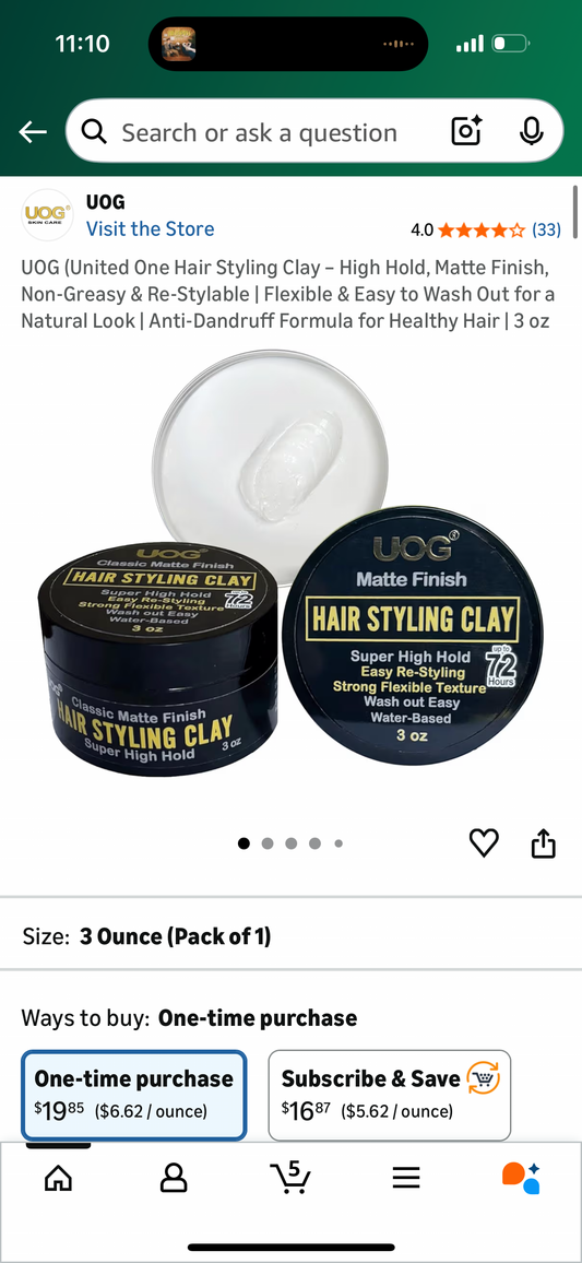 UOG (United One Hair Styling Clay – High Hold, Matte Finish, Non-Greasy & Re-Stylable | Flexible & Easy to Wash Out for a Natural Look | Anti-Dandruff Formula for Healthy Hair | 3 oz