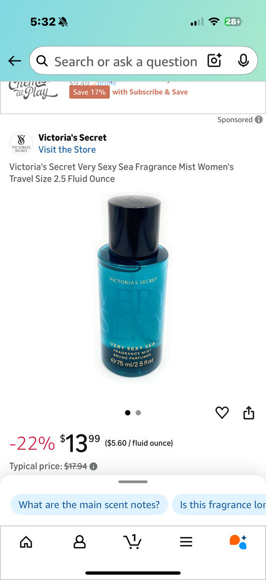 Victoria's Secret Very Sexy Sea Fragrance Mist Women's Travel Size 2.5 Fluid Ounce