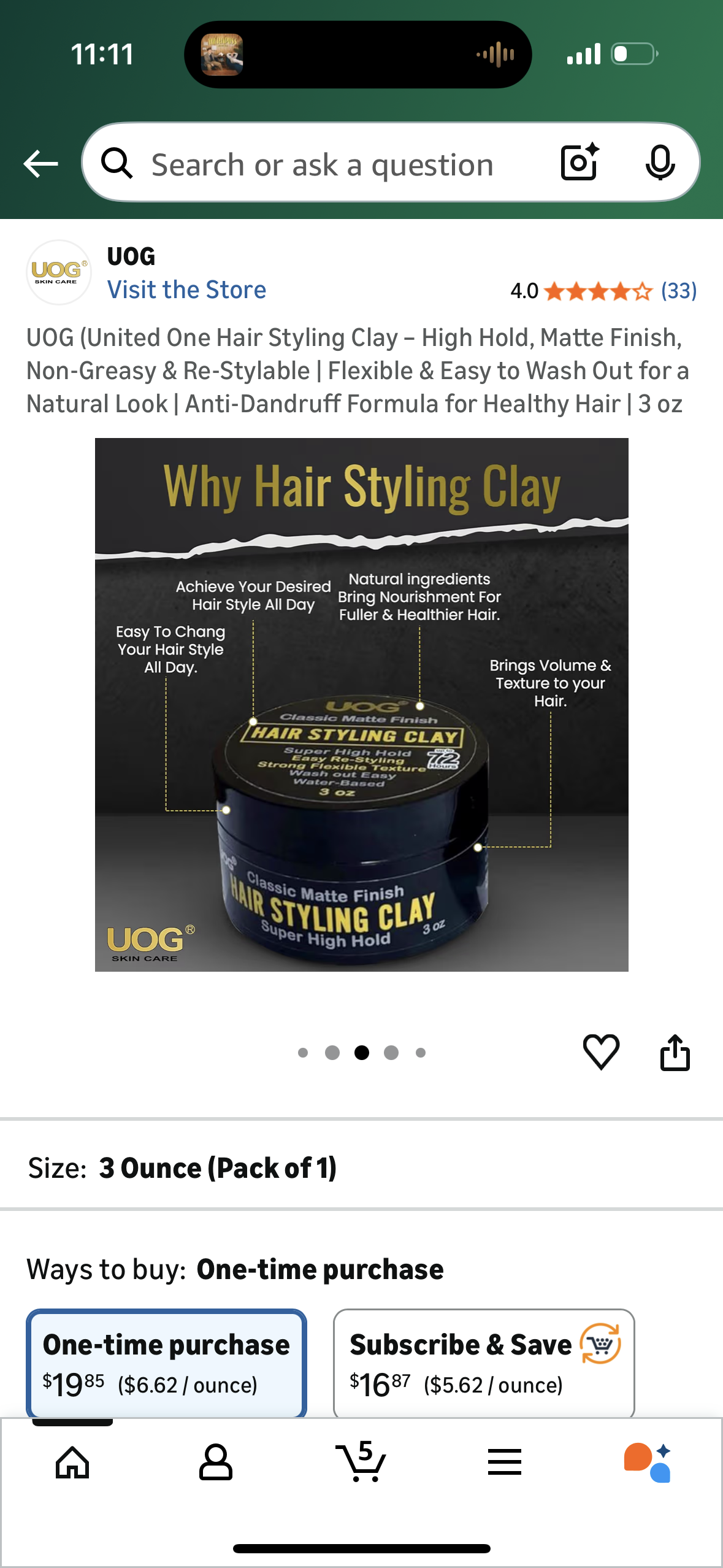 UOG (United One Hair Styling Clay – High Hold, Matte Finish, Non-Greasy & Re-Stylable | Flexible & Easy to Wash Out for a Natural Look | Anti-Dandruff Formula for Healthy Hair | 3 oz