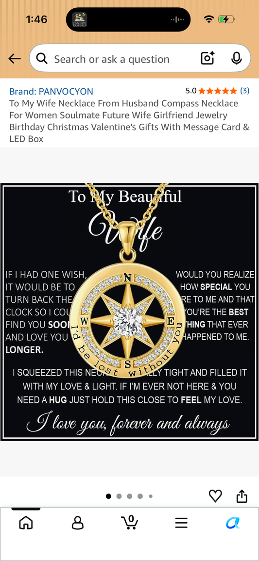 To My Wife Necklace From Husband Compass Necklace For Women Soulmate Future Wife Girlfriend Jewelry Birthday Christmas Valentine's Gifts With Message Card & LED Box