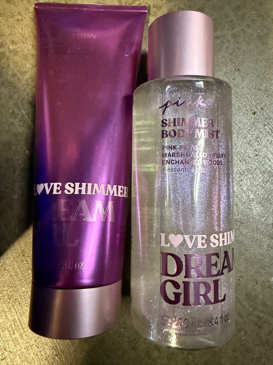 Set of 2 Victoria's Secret PINK Love Shimmer Dream Girl Shimmer
Body Mist and Lotion