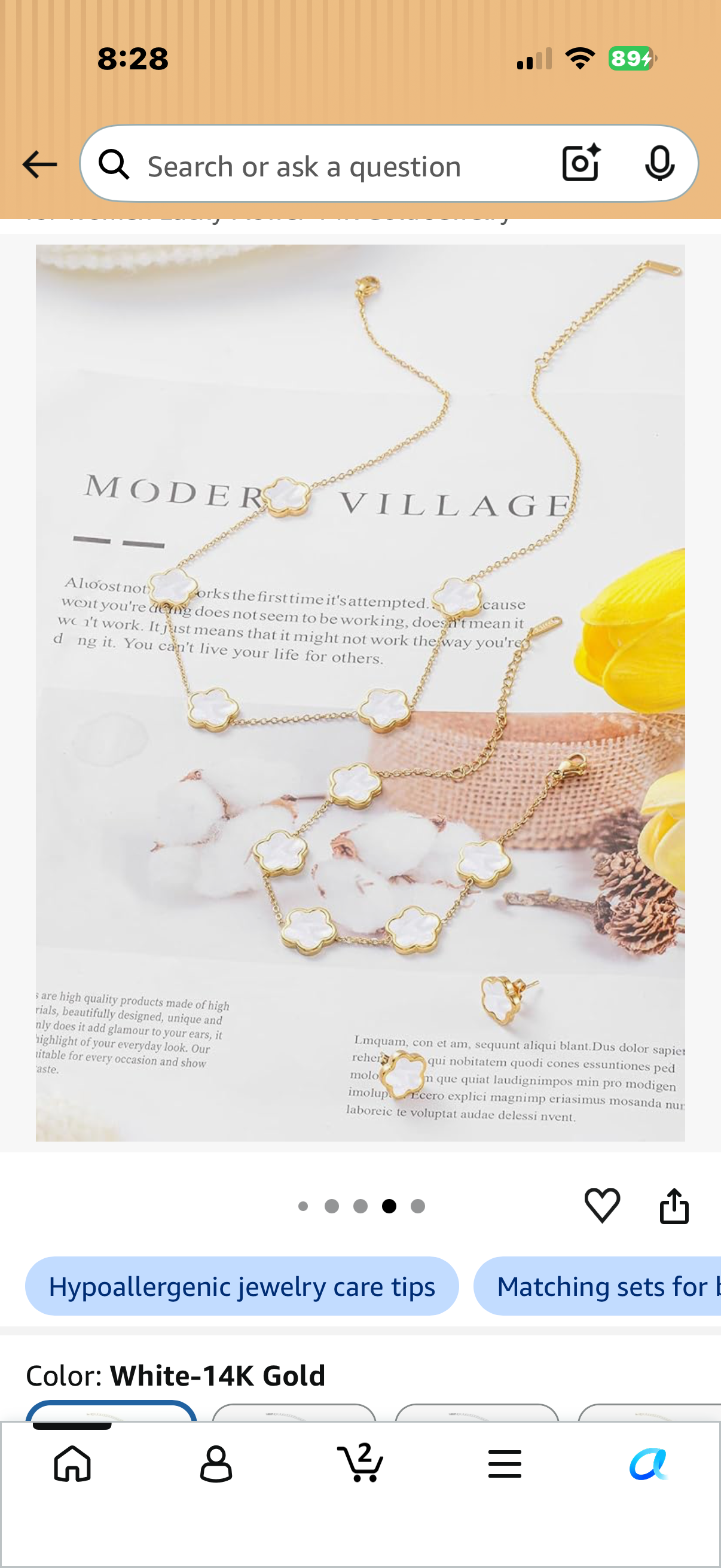 Four Leaf Clover Necklace Bracelet and Stud Earrings Set for Women Lucky Flower 14K Gold Jewelry