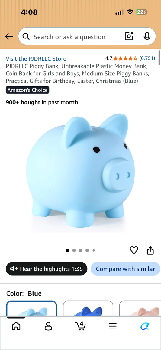 Piggy Bank, Unbreakable Plastic Money Bank, Coin Bank for Girls and Boys, Medium Size Piggy Bank, Practical Gift (Blue)