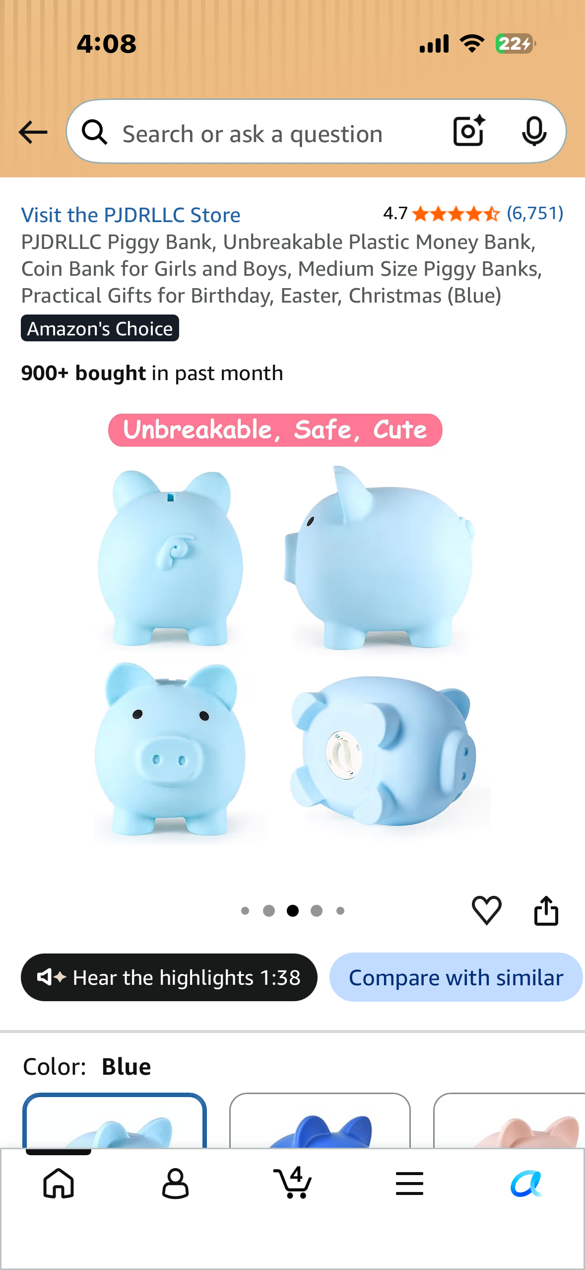Piggy Bank, Unbreakable Plastic Money Bank, Coin Bank for Girls and Boys, Medium Size Piggy Bank, Practical Gift (Blue)