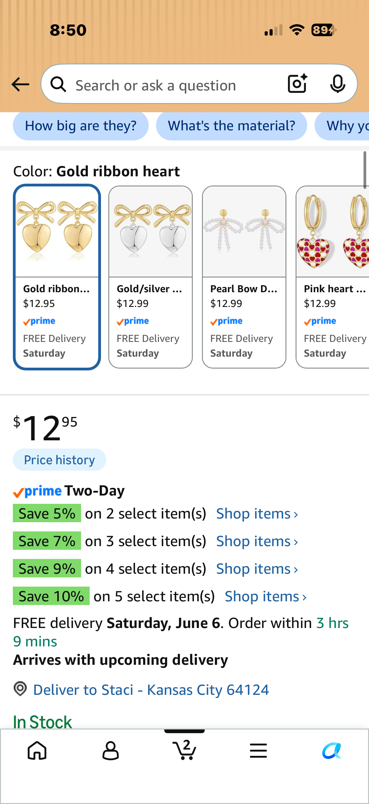 DoreenBox Gold Bow Heart Dangle Earrings for Women 18K Gold Ribbon Bowknot Heart Dangle Stud Earrings Wedding Prom Party Fashion Gift