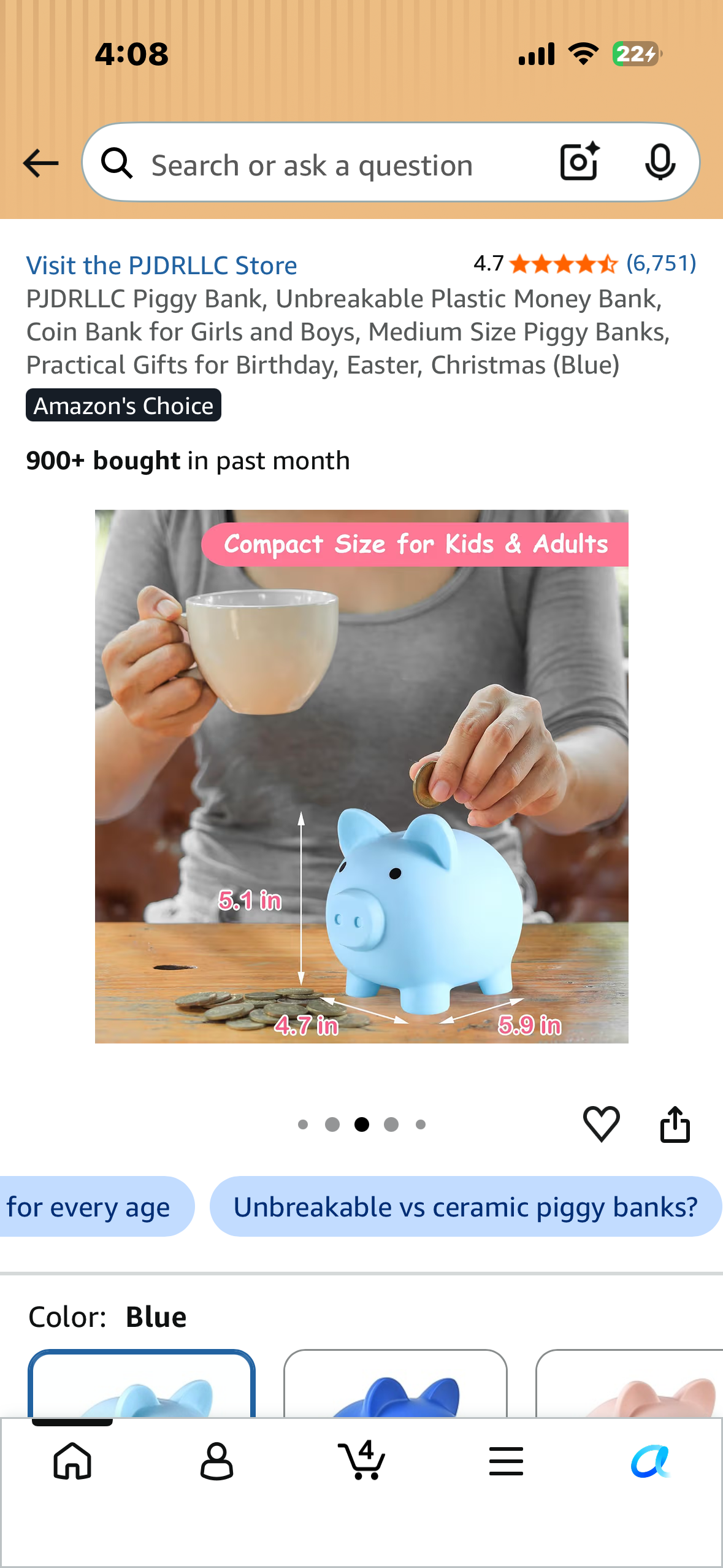 Piggy Bank, Unbreakable Plastic Money Bank, Coin Bank for Girls and Boys, Medium Size Piggy Bank, Practical Gift (Blue)