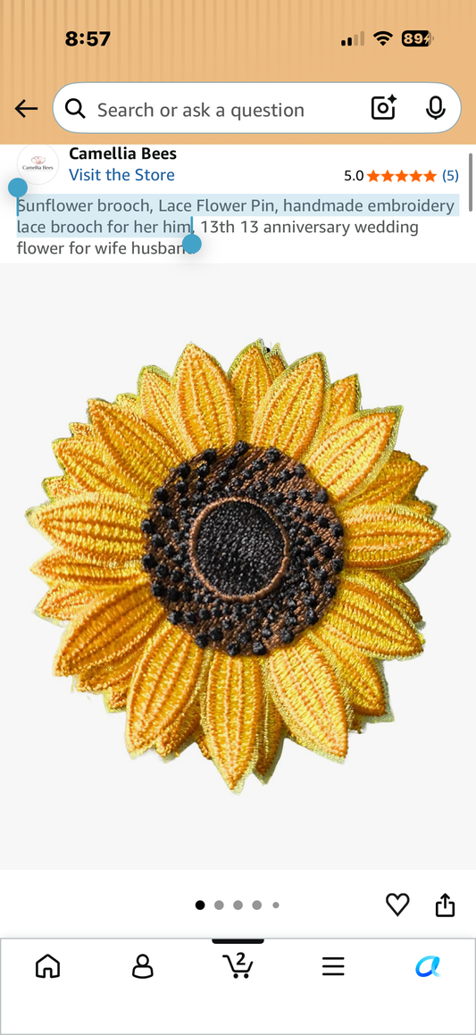 Sunflower brooch, Lace Flower Pin, handmade embroidery lace brooch for her him