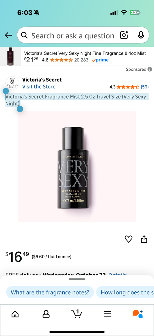 Victoria's Secret Fragrance Mist 2.5 Oz Travel Size (Very Sexy Night)