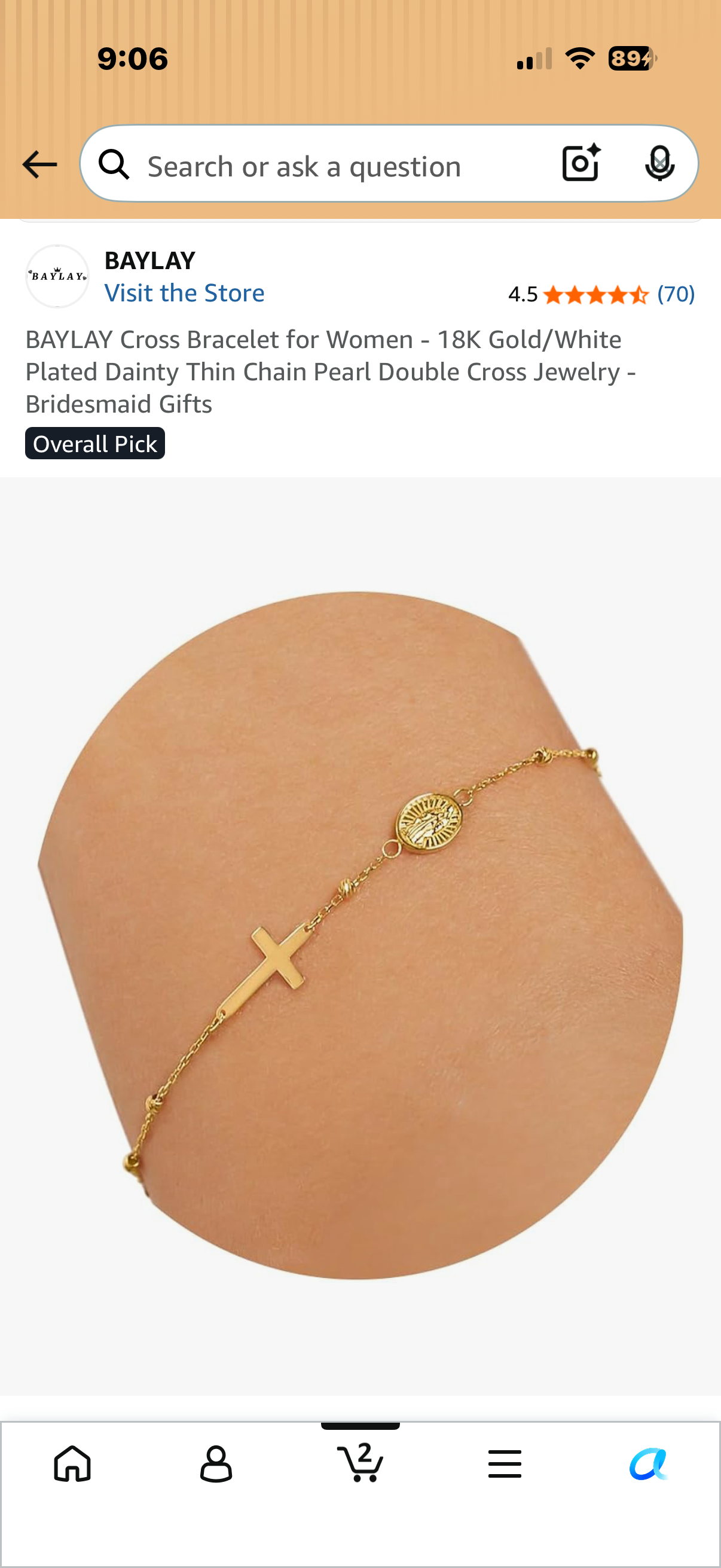 BAYLAY Cross Bracelet for Women - 18K Gold/White Plated Dainty Thin Chain Pearl Double Cross Jewelry - Bridesmaid Gifts
