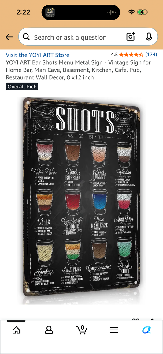 YOYI ART Bar Shots Menu Metal Sign - Vintage Sign for Home Bar, Man Cave, Basement, Kitchen, Cafe, Pub, Restaurant Wall Decor, 8 x12 inch