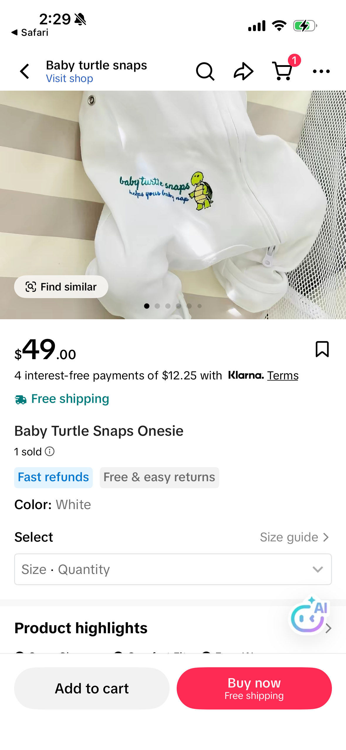 Baby Turtle Snaps Baby Cotton Onesie – Baby Sleeper Romper with Two-Way Zipper, Snap Closures, Fold-Over Cuffs