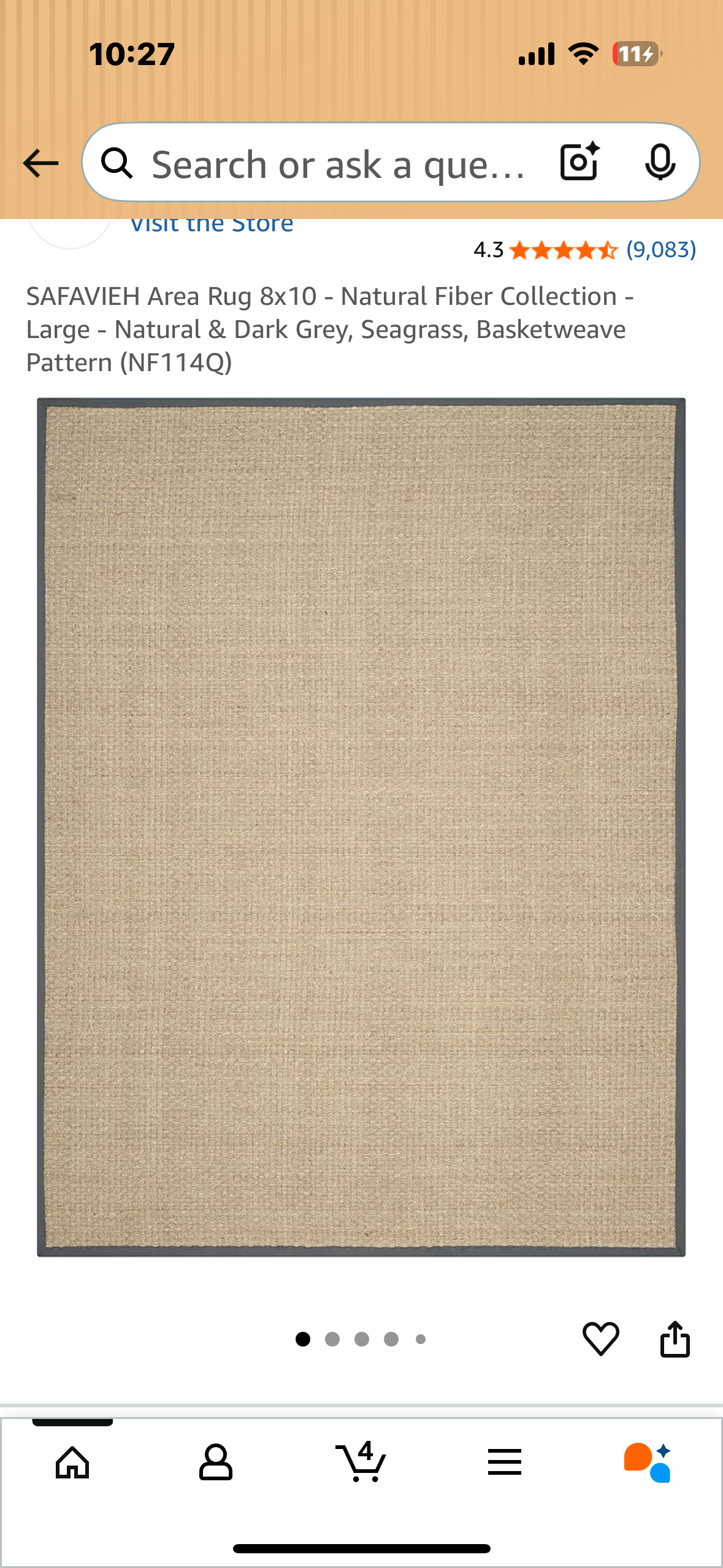 SAFAVIEH Seagrass Area Rug 8x10 - Natural Fiber Collection - Large - Natural & Dark Grey, Seagrass, Basketweave Pattern (L1049)
