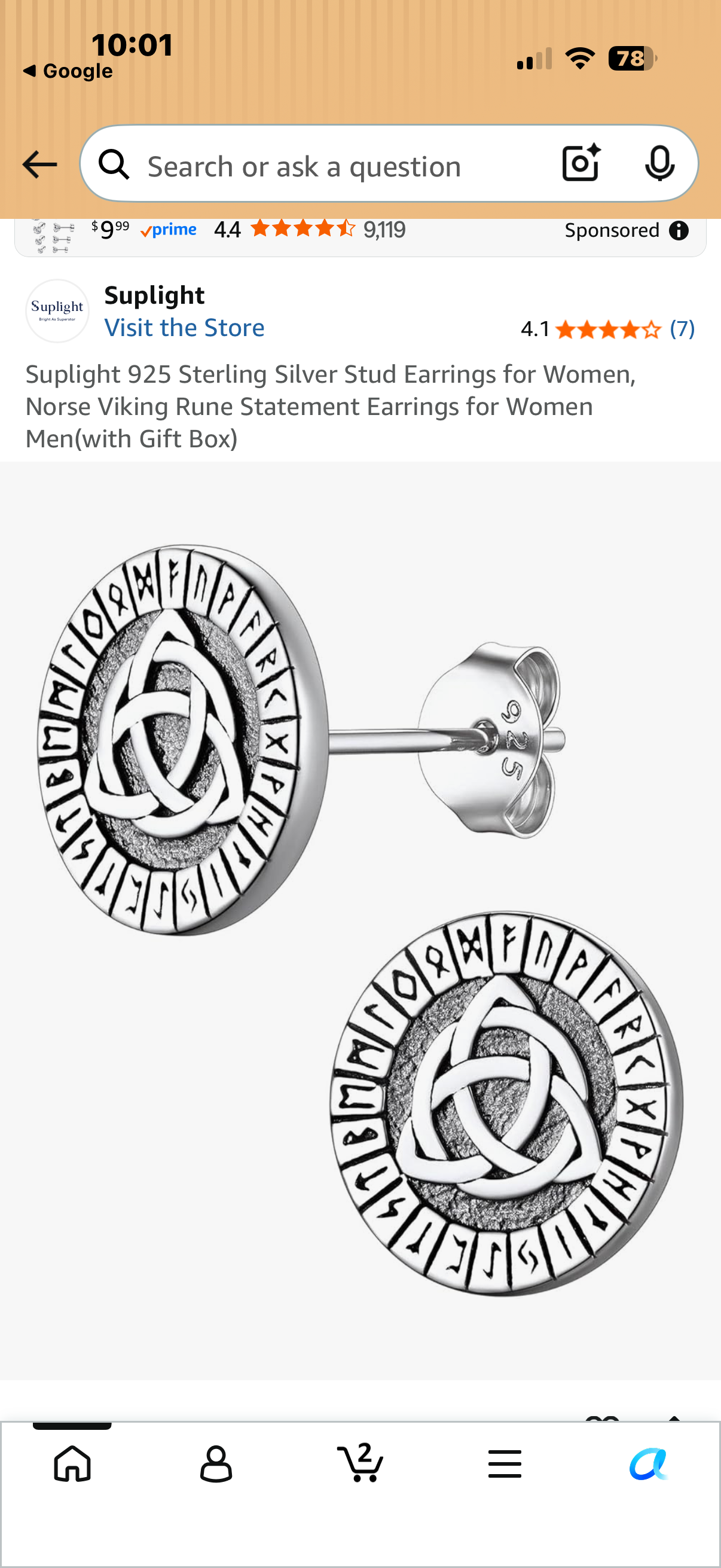 Suplight 925 Sterling Silver Stud Earrings for Women, Norse Viking Rune Statement Earrings for Women Men(with Gift Box)