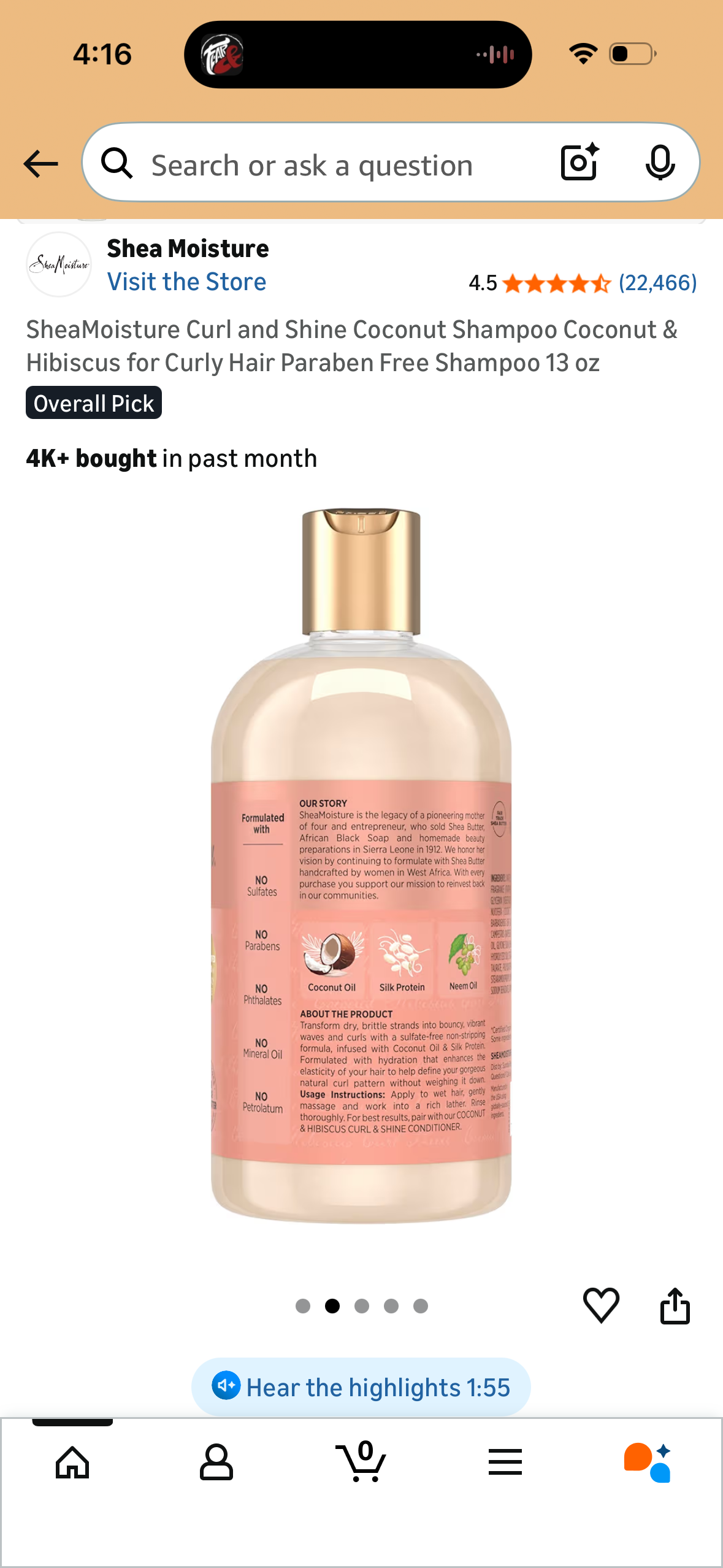 SheaMoisture Curl and Shine Coconut Shampoo Coconut & Hibiscus for Curly Hair Paraben Free Shampoo 13 oz