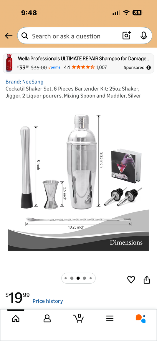 Cockatil Shaker Set, 6 Pieces Bartender Kit: 25oz Shaker, Jigger, 2 Liquor pourers, Mixing Spoon and Muddler, Silver