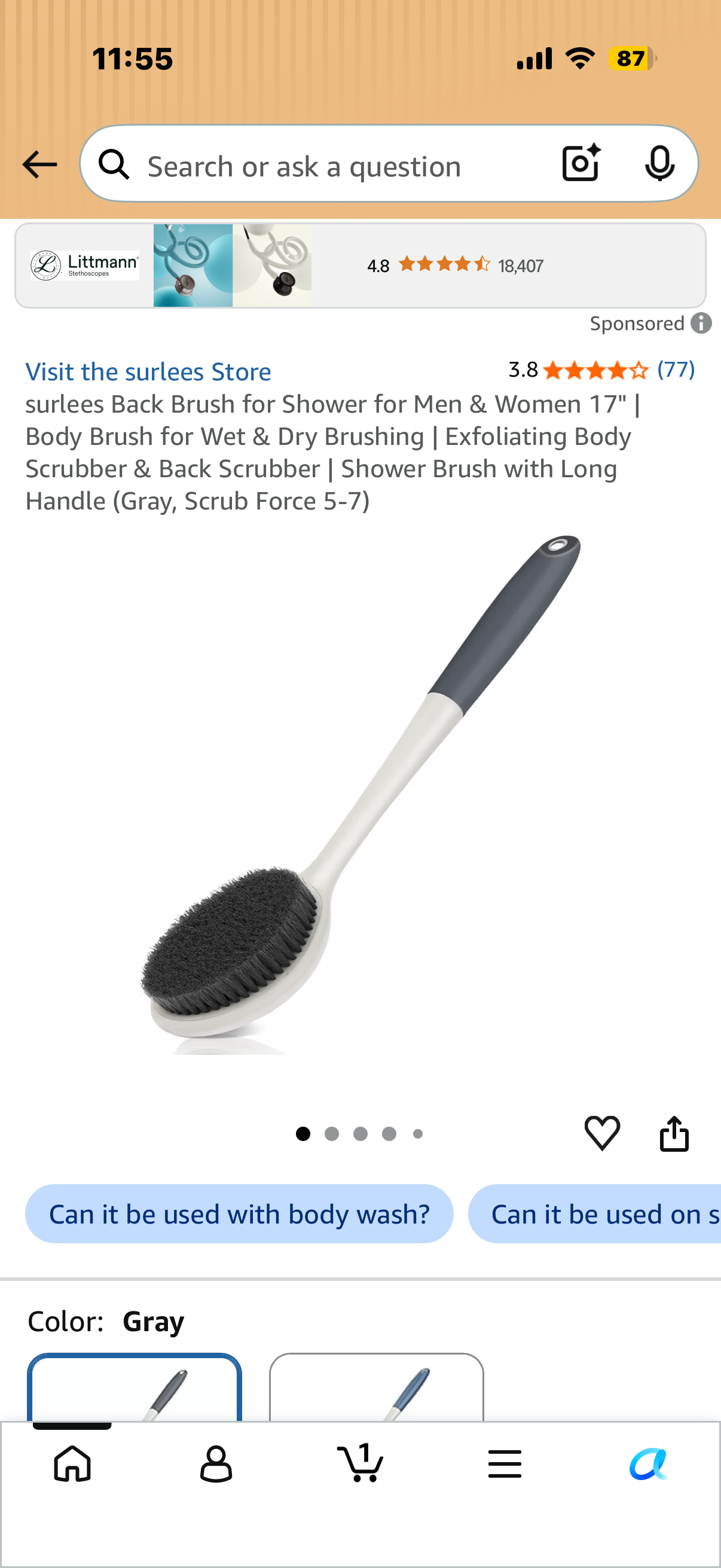 Back Brush for Shower for Men & Women 17" | Body Brush for Wet & Dry Brushing | Exfoliating Body Scrubber & Back Scrubber | Shower Brush with Long Handle (Gray, Scrub Force 5-7