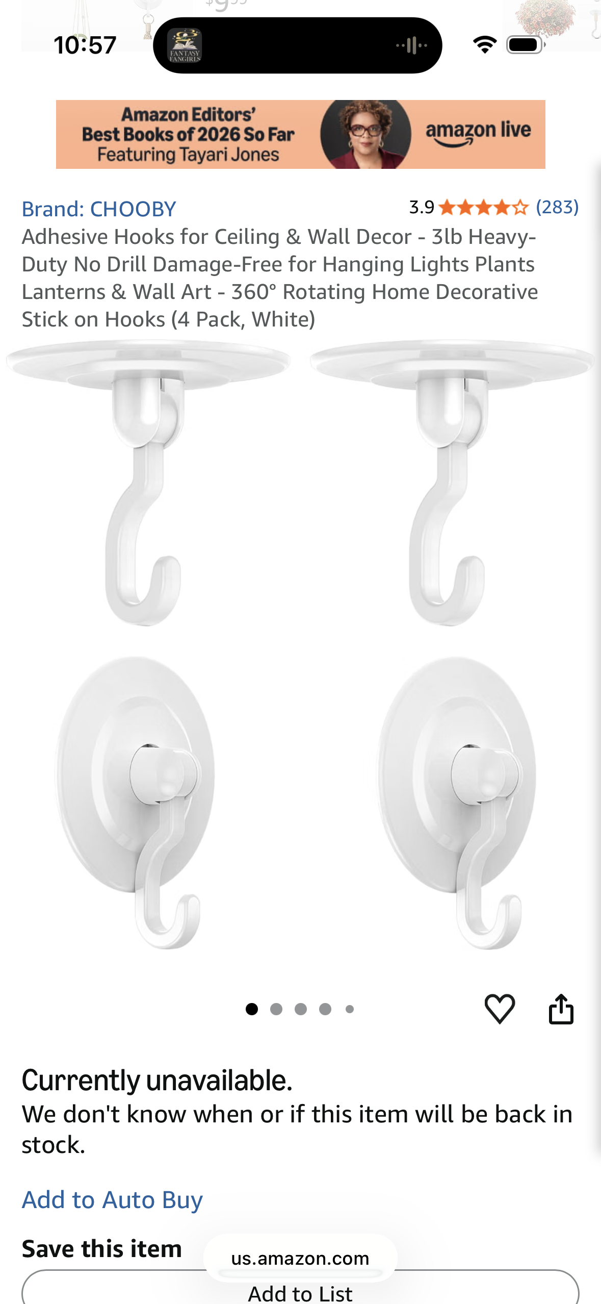 *12 Pack* Adhesive Hooks for Ceiling & Wall Decor - 3lb Heavy-Duty No Drill Damage-Free for Hanging Lights Plants Lanterns & Wall Art - 360° Rotating Home Decorative Stick on Hooks (White)