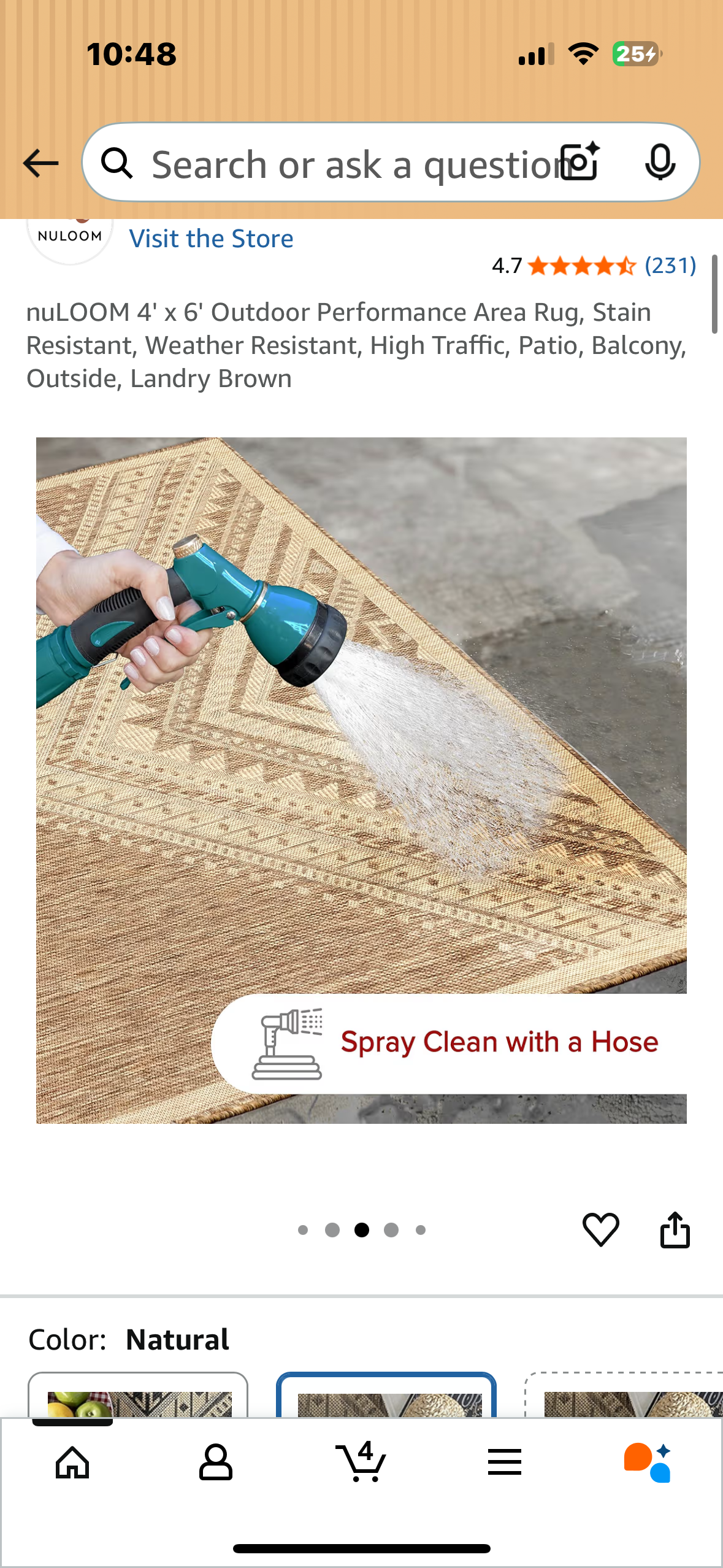 4' x 6' Outdoor Performance Area Rug, Stain Resistant, Weather Resistant, High Traffic, Patio, Balcony, Outside, Landry Brown (L1050)