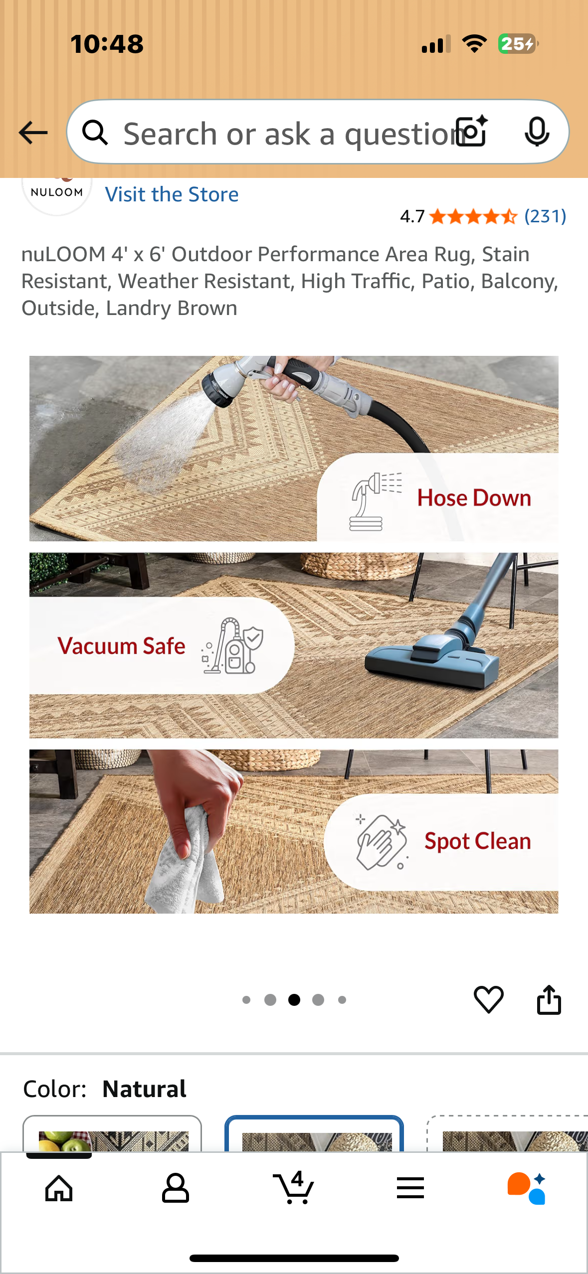 4' x 6' Outdoor Performance Area Rug, Stain Resistant, Weather Resistant, High Traffic, Patio, Balcony, Outside, Landry Brown (L1050)