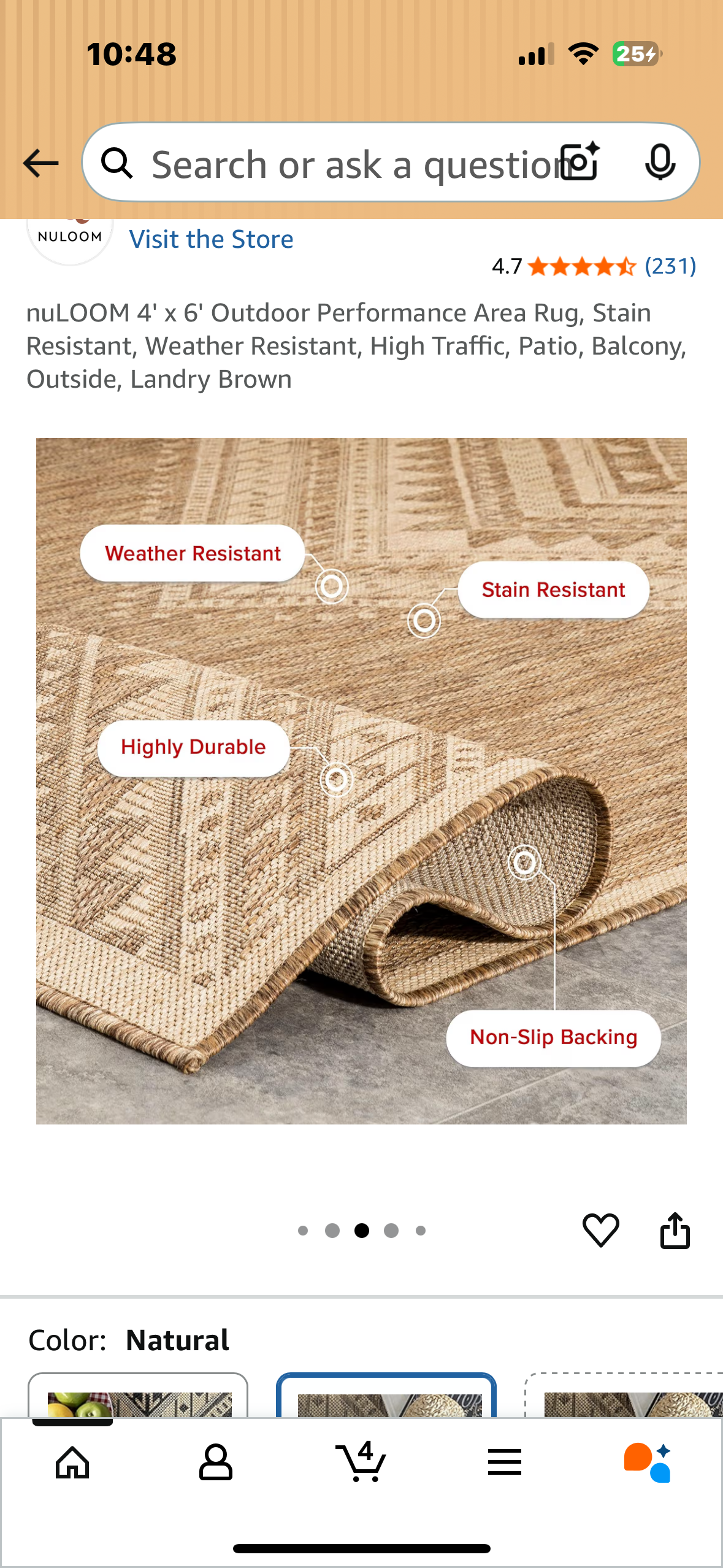 4' x 6' Outdoor Performance Area Rug, Stain Resistant, Weather Resistant, High Traffic, Patio, Balcony, Outside, Landry Brown (L1050)