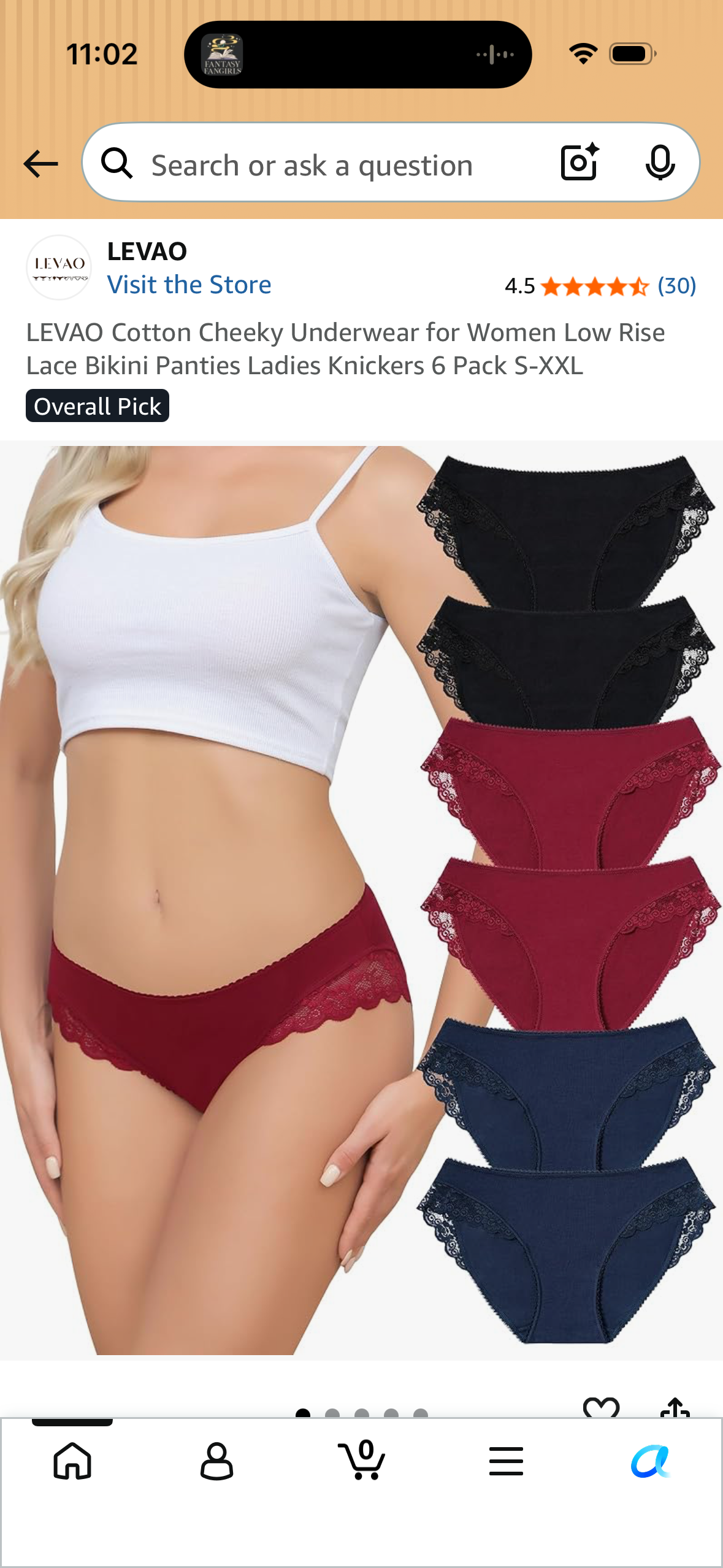 LEVAO Cotton Cheeky Underwear for Women Low Rise Lace Bikini Panties Ladies Knickers 6 Pack (Size Medium)