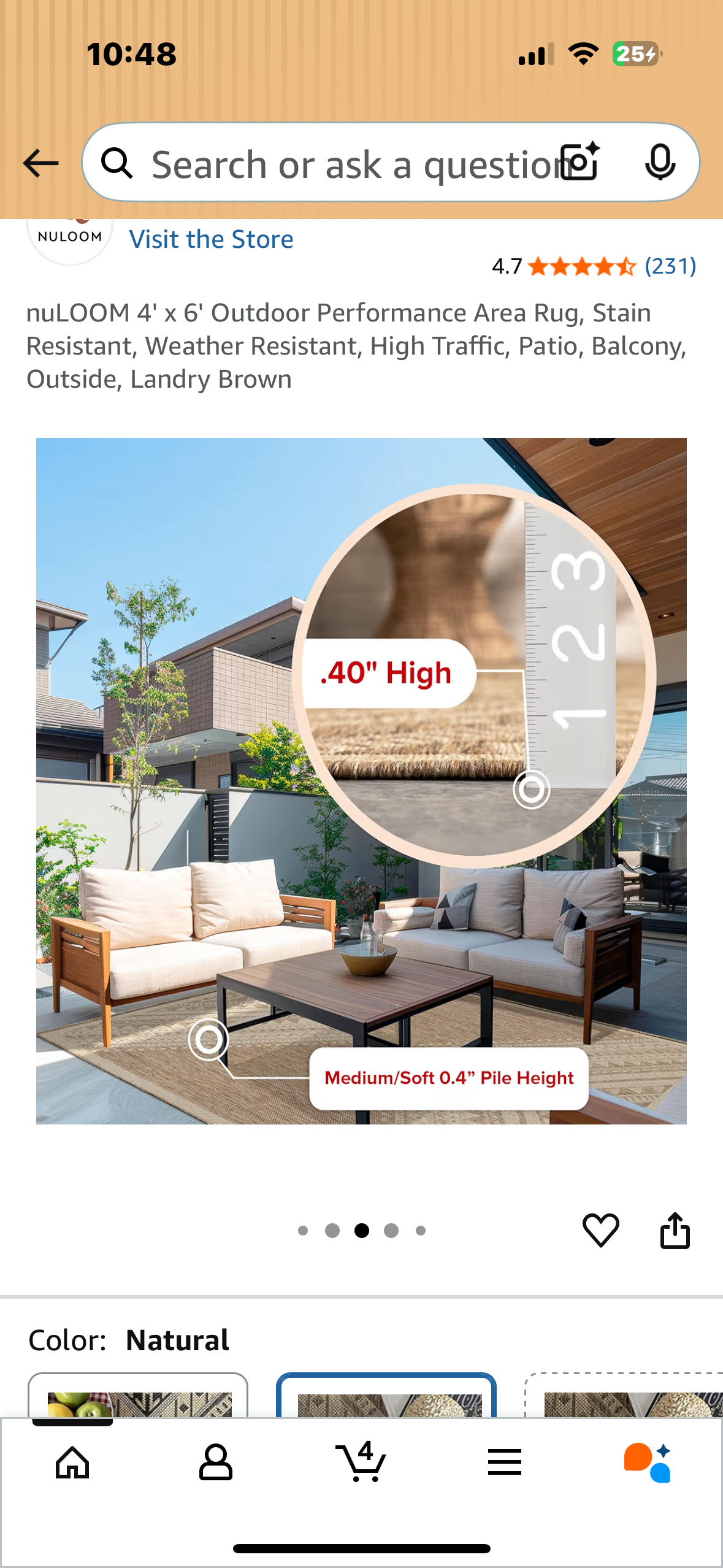 4' x 6' Outdoor Performance Area Rug, Stain Resistant, Weather Resistant, High Traffic, Patio, Balcony, Outside, Landry Brown (L1050)