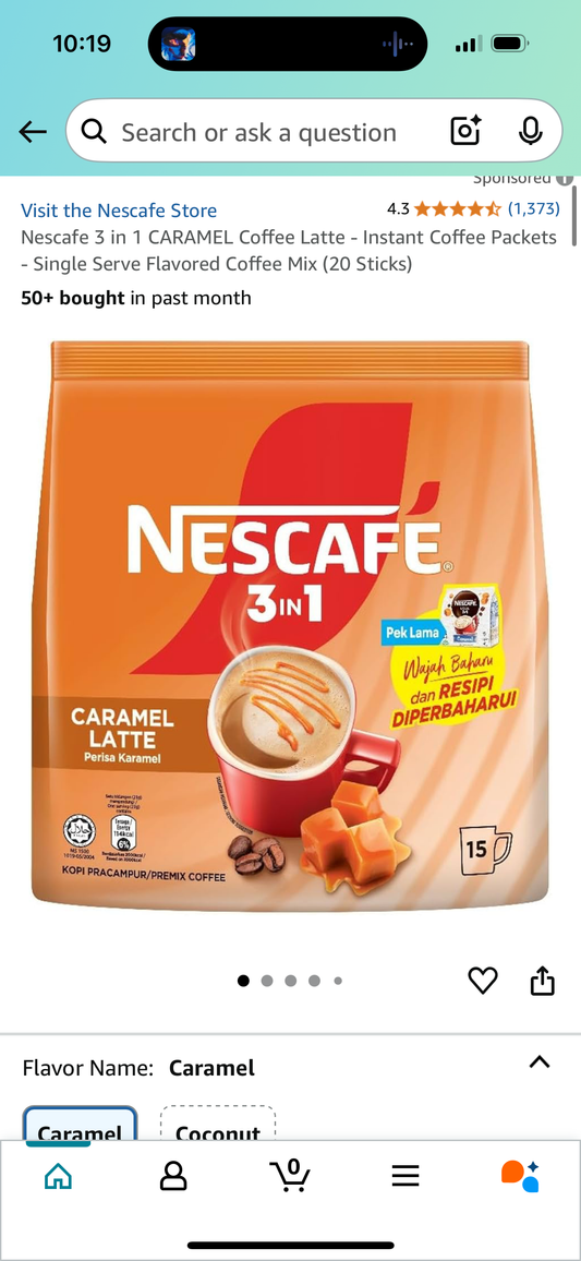 Nescafe 3 in 1 CARAMEL Coffee Latte - Instant Coffee Packets - Single Serve Flavored Coffee Mix (20 Sticks)