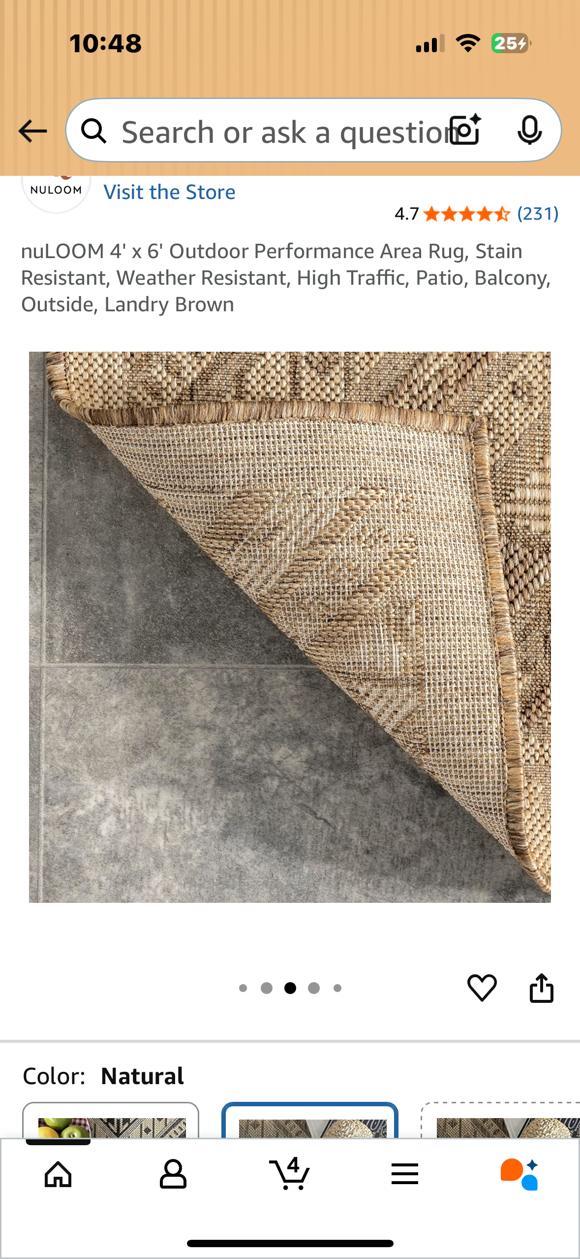 4' x 6' Outdoor Performance Area Rug, Stain Resistant, Weather Resistant, High Traffic, Patio, Balcony, Outside, Landry Brown (L1050)