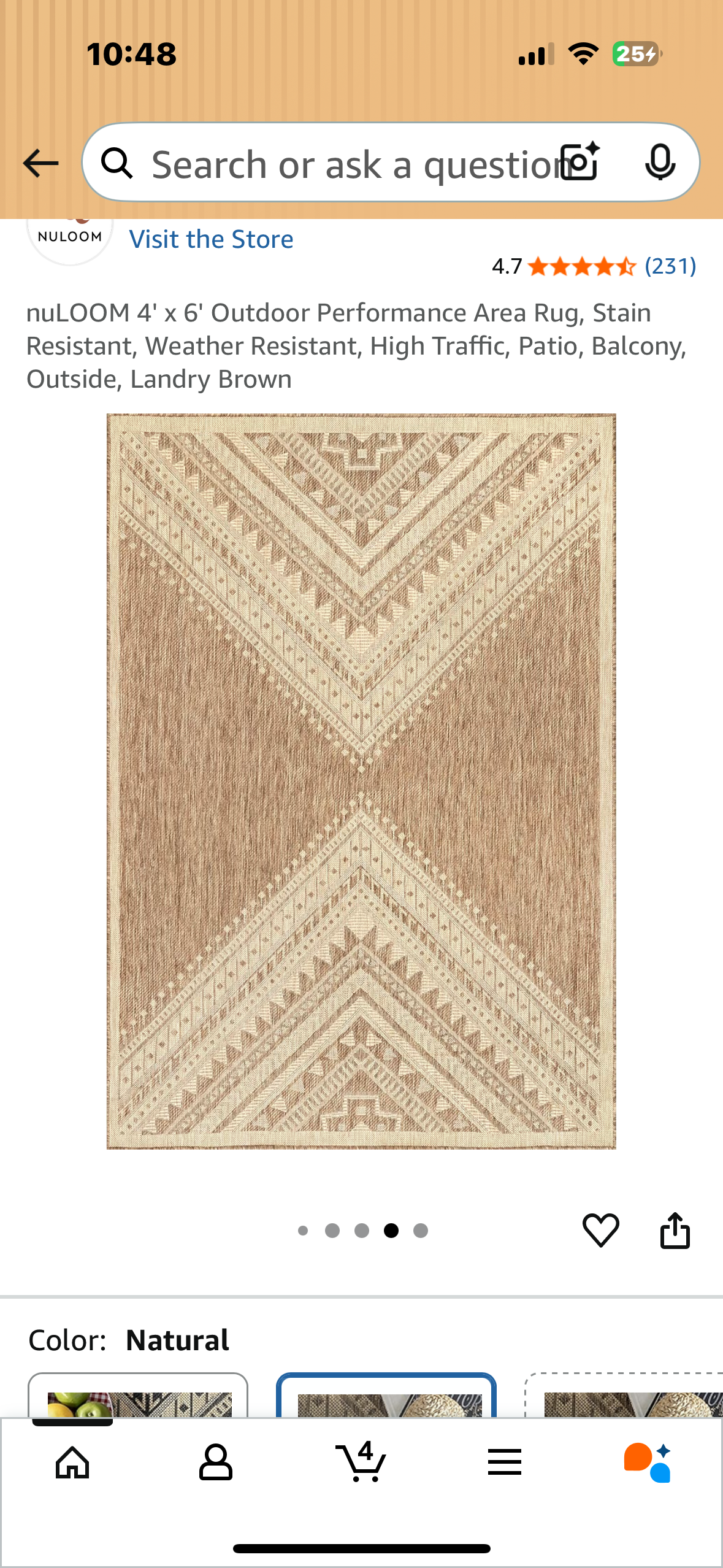 4' x 6' Outdoor Performance Area Rug, Stain Resistant, Weather Resistant, High Traffic, Patio, Balcony, Outside, Landry Brown (L1050)