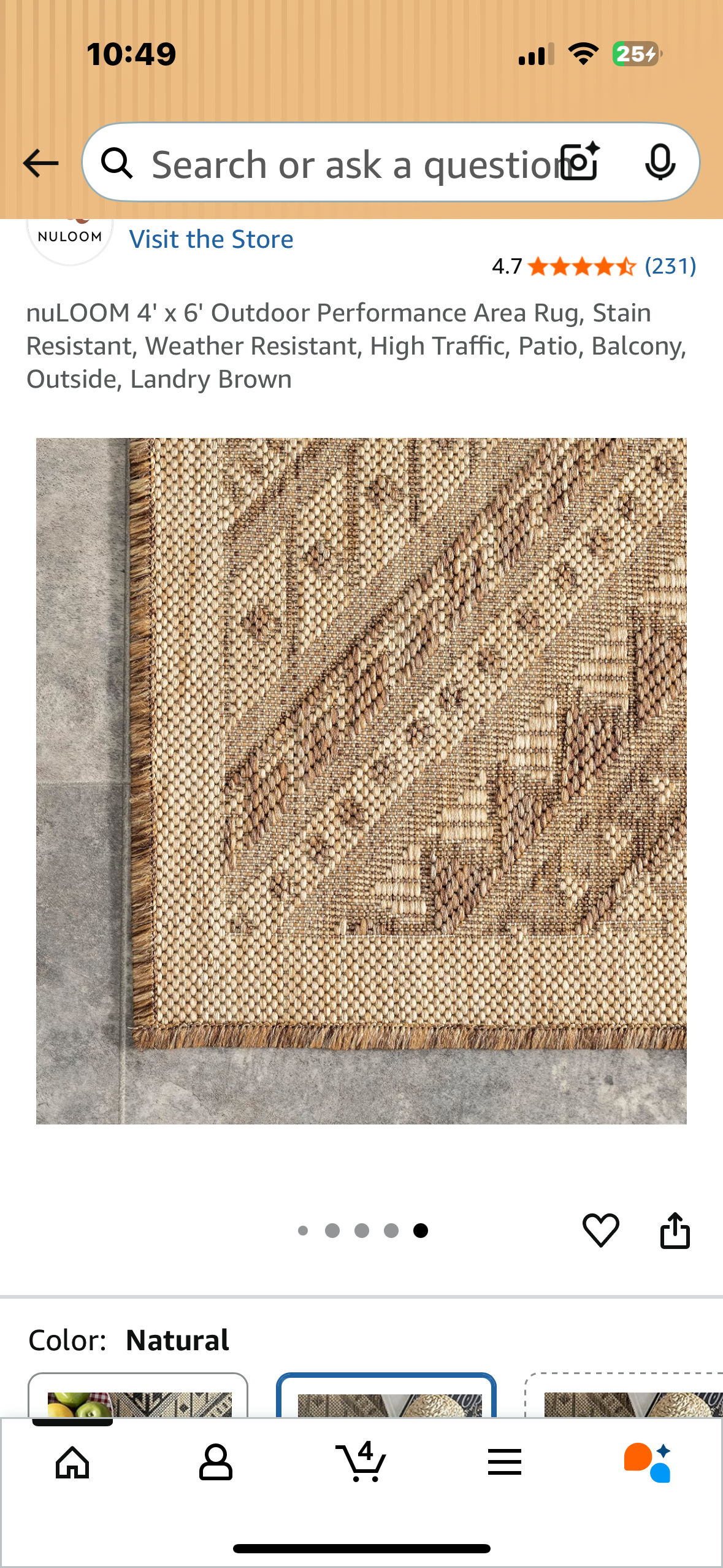 4' x 6' Outdoor Performance Area Rug, Stain Resistant, Weather Resistant, High Traffic, Patio, Balcony, Outside, Landry Brown (L1050)