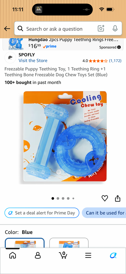 Freezable Puppy Teething Toy, 1 Teething Ring +1 Teething Bone Freezable Dog Chew Toys Set (Blue)