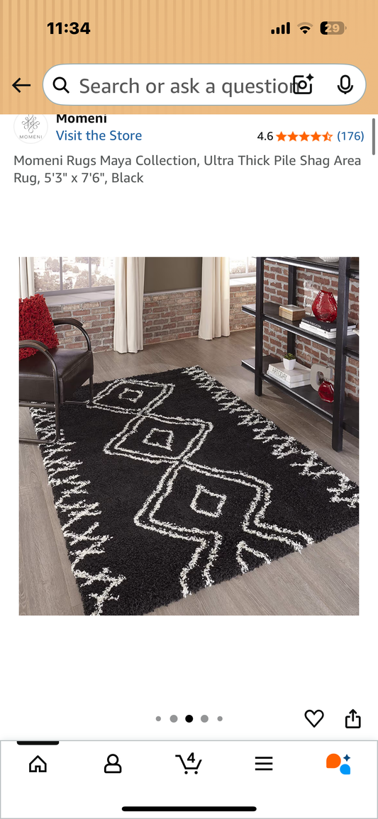 Momeni Rugs Maya Collection, Ultra Thick Pile Shag Area Rug, 5'3" x 7'6", Black (L1051)