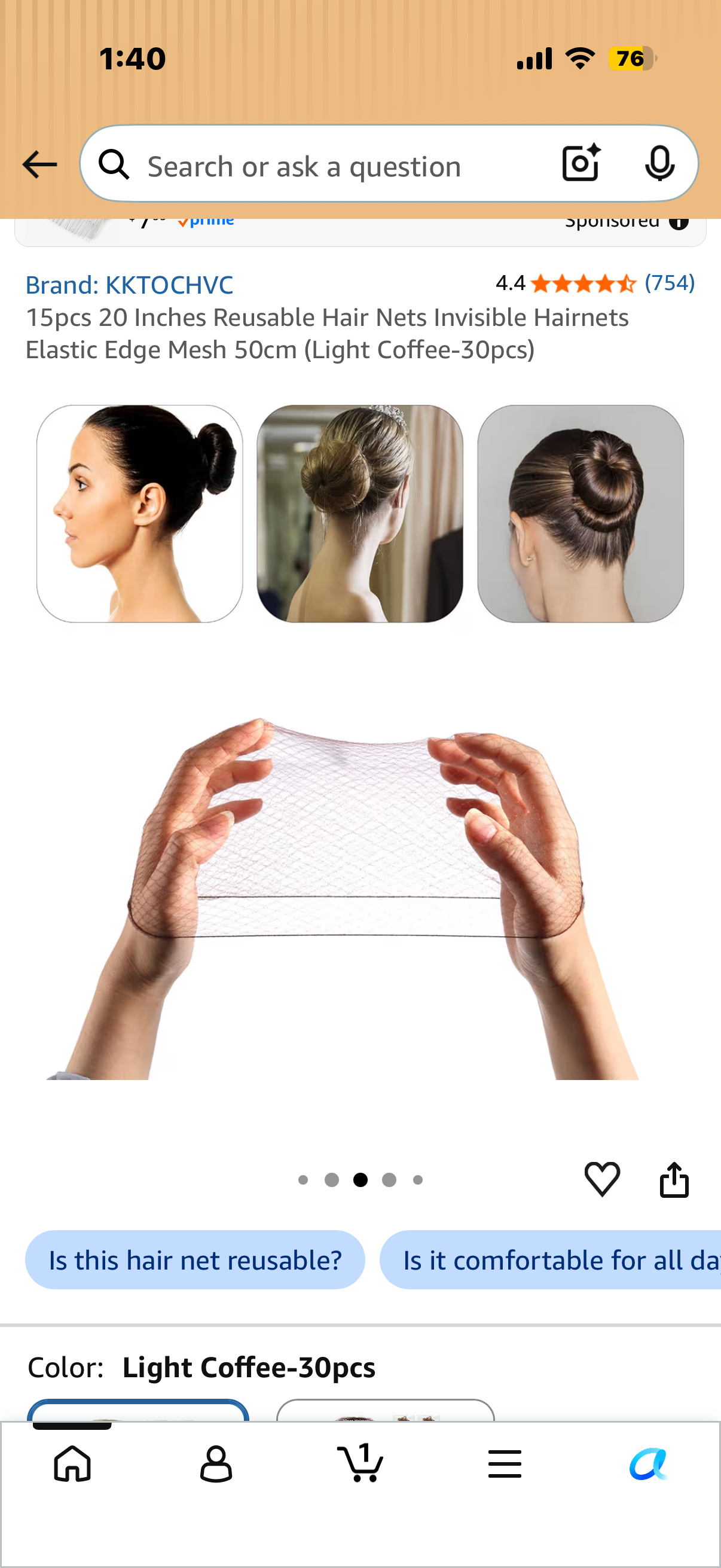 15pcs 20 Inches Reusable Hair Nets Invisible Hairnets Elastic Edge Mesh 50cm (Light Coffee-30pcs)