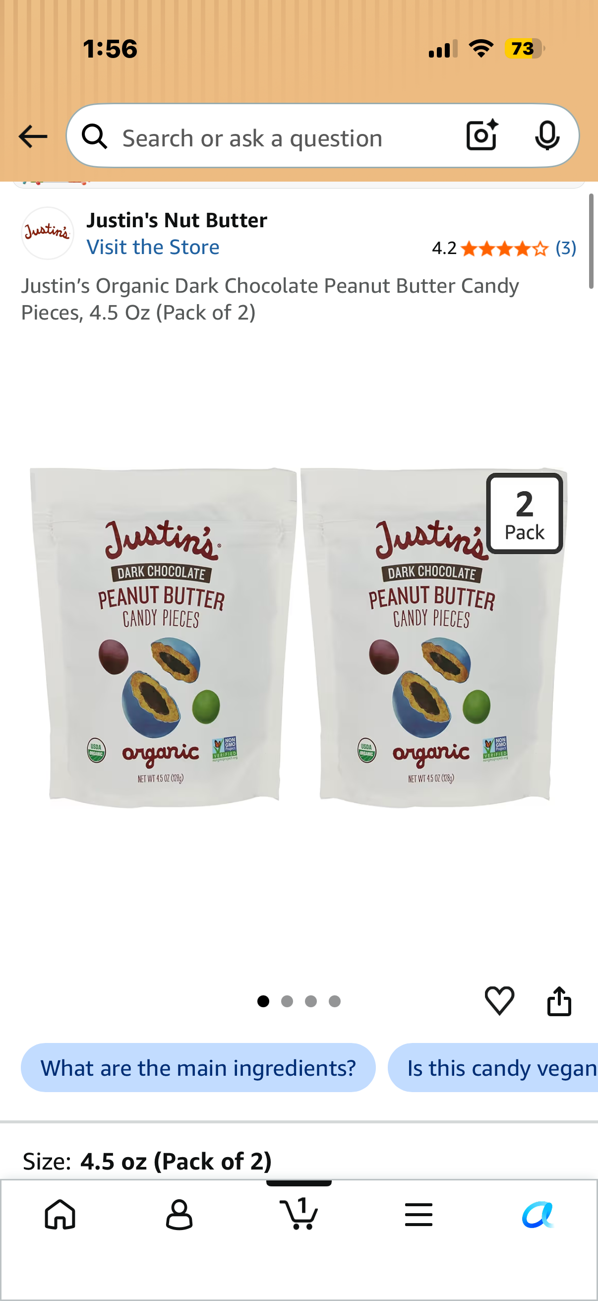 2 pk Justin’s Organic Dark Chocolate Peanut Butter Candy Pieces, 4.5 Oz (Pack of 2)