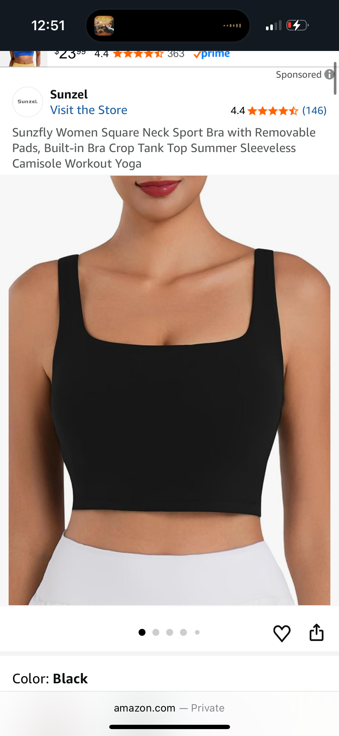 Women Square Neck Sport Bra with Removable Pads, Built-in Bra Crop Tank Top (Size Small)
