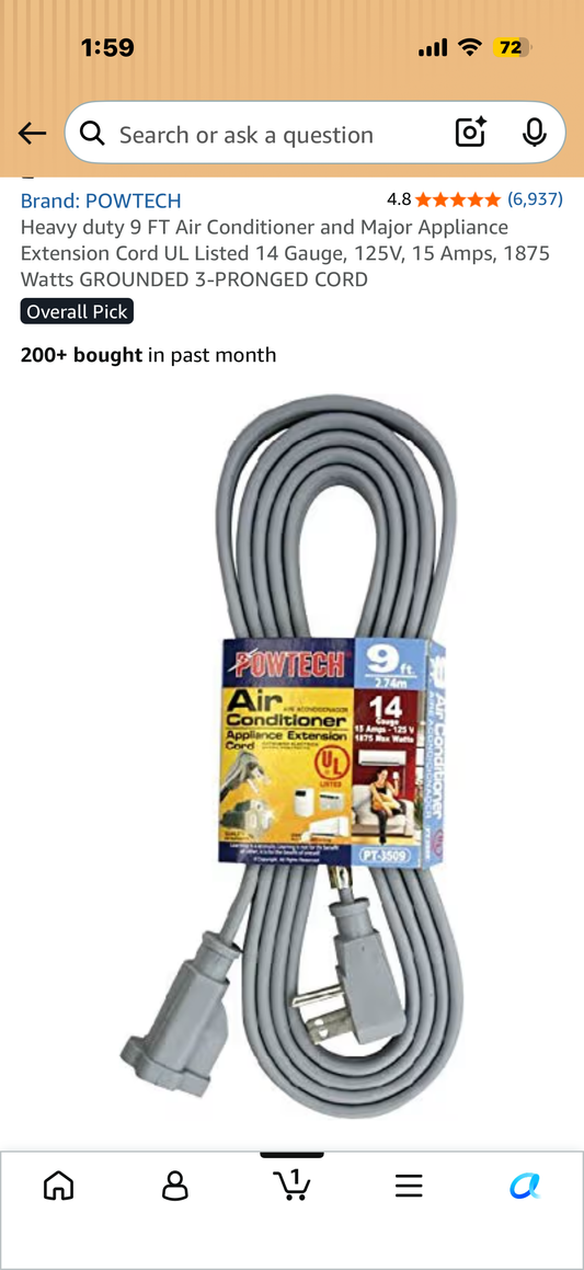 Heavy duty 9 FT Air Conditioner and Major Appliance Extension Cord UL Listed 14 Gauge, 125V, 15 Amps, 1875 Watts GROUNDED 3-PRONGED CORD