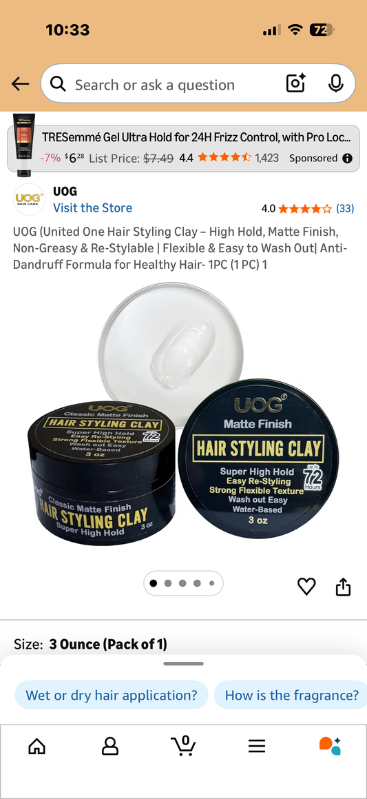 UOG (United One Hair Styling Clay – High Hold, Matte Finish, Non-Greasy & Re-Stylable | Flexible & Easy to Wash Out| Anti-Dandruff Formula for Healthy Hair- 1PC (1 PC