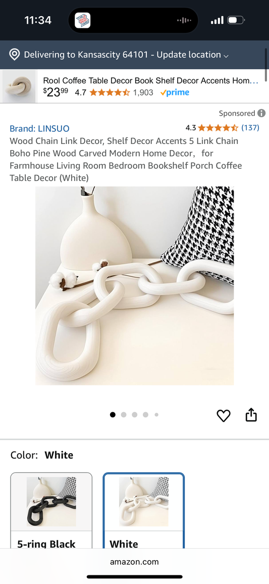 Wood Chain Link Decor, Shelf Decor Accents 5 Link Chain Boho Pine Wood Carved Modern Home Decor，for Farmhouse Living Room Bedroom Bookshelf Porch Coffee Table Decor (White)