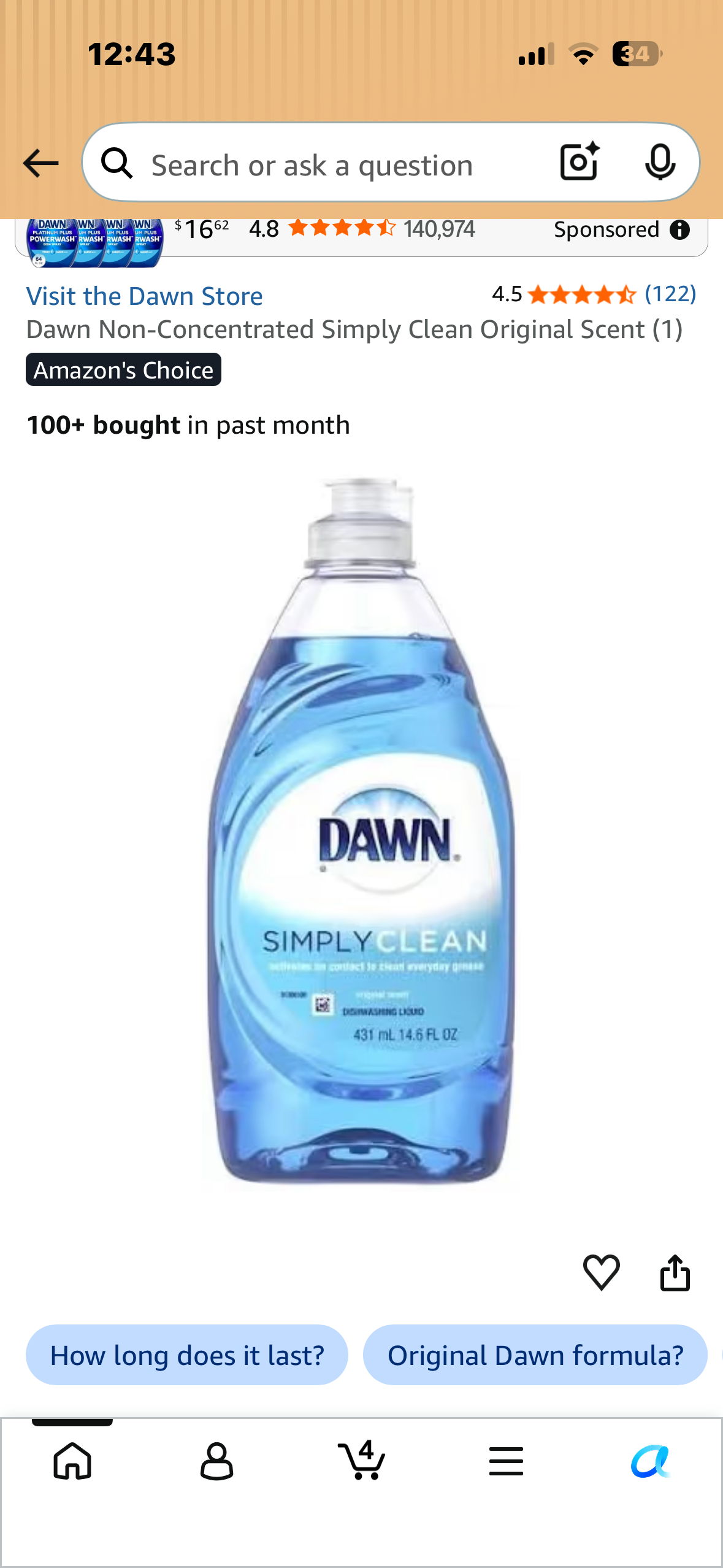 Dawn Non-Concentrated Simply Clean Original Scent