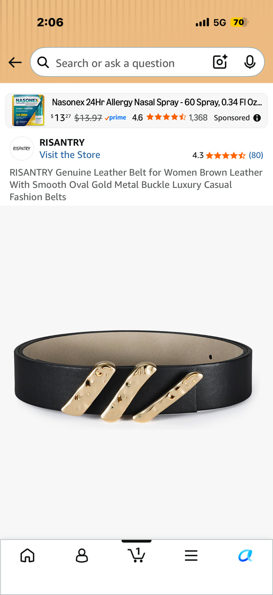 RISANTRY Genuine Leather Belt for Women Black Leather With Smooth Oval Gold Metal Buckle Luxury Casual Fashion Belts